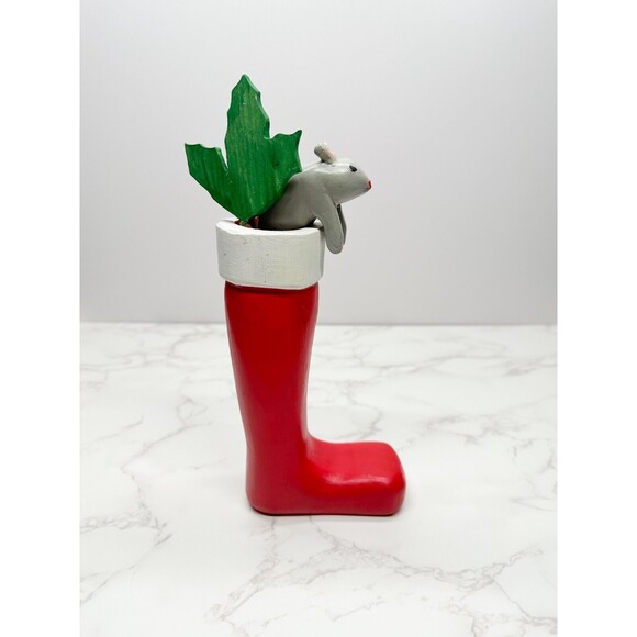 Vintage Handmade Stocking Mouse Candy Cane Wooden Sculpture Figurine Mistletoe - Picture 6 of 8